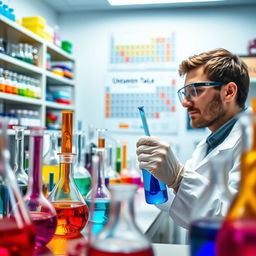A brightly lit modern chemistry laboratory filled with various colorful chemical glassware, including beakers and flasks, some bubbling with colorful liquids