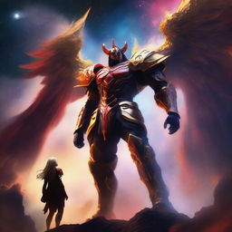 Generate an image of a gigantic celestial guardian with golden, luminous hair and a striking black and red armor, towering over a vibrant nebula, with a small human figure standing bravely in the foreground