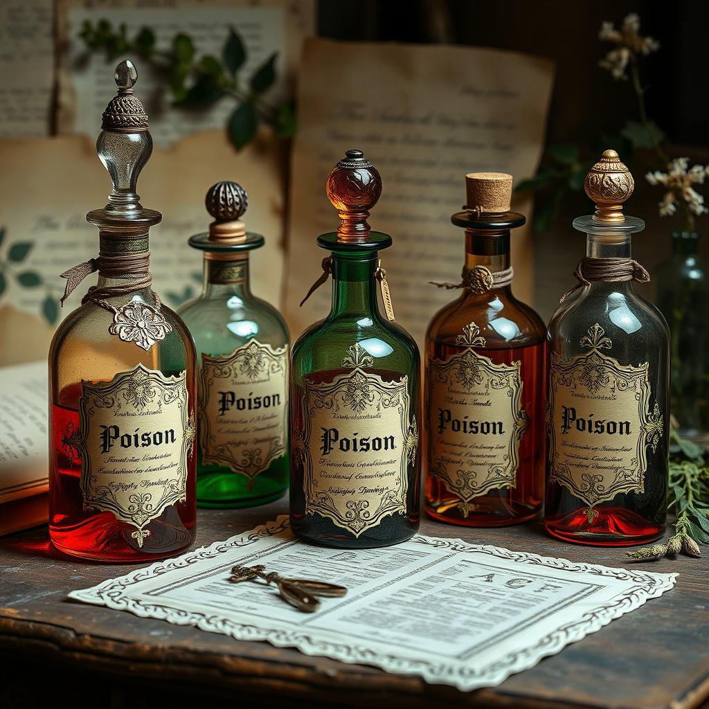 A detailed still life arrangement of ornate poison bottles from the 17th century, showcasing the intricate glasswork and decorative elements typical of the era