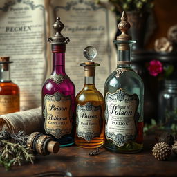 A detailed still life arrangement of ornate poison bottles from the 17th century, showcasing the intricate glasswork and decorative elements typical of the era