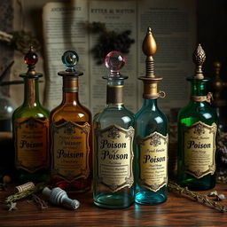 A detailed still life arrangement of ornate poison bottles from the 17th century, showcasing the intricate glasswork and decorative elements typical of the era