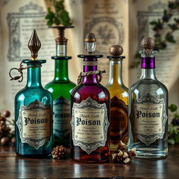 A detailed still life arrangement of ornate poison bottles from the 17th century, showcasing the intricate glasswork and decorative elements typical of the era