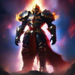 Generate an image of a gigantic celestial guardian with golden, luminous hair and a striking black and red armor, towering over a vibrant nebula, with a small human figure standing bravely in the foreground