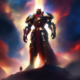 Generate an image of a gigantic celestial guardian with golden, luminous hair and a striking black and red armor, towering over a vibrant nebula, with a small human figure standing bravely in the foreground