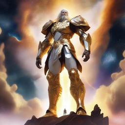 Create an image of a gigantic celestial guardian with golden, luminous hair and a stunning white and gold armor, towering over a vibrant nebula, with a small human figure standing bravely in the foreground