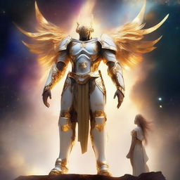 Create an image of a gigantic celestial guardian with golden, luminous hair and a stunning white and gold armor, towering over a vibrant nebula, with a small human figure standing bravely in the foreground