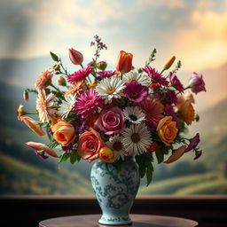 A beautifully designed vase filled with vibrant, fresh flowers, set in a cinematic environment