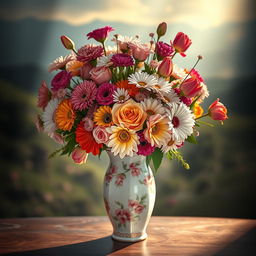 A beautifully designed vase filled with vibrant, fresh flowers, set in a cinematic environment