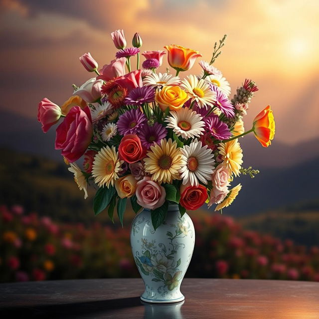 A beautifully designed vase filled with vibrant, fresh flowers, set in a cinematic environment