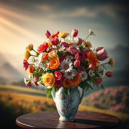 A beautifully designed vase filled with vibrant, fresh flowers, set in a cinematic environment