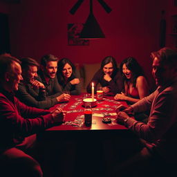 A vibrant scene depicting a group of several adults gathered around a table, engrossed in a game of Mafia