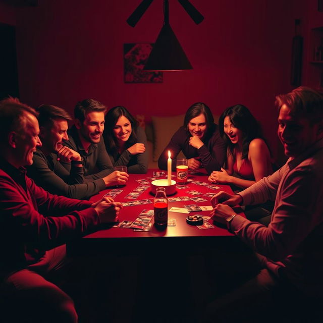 A vibrant scene depicting a group of several adults gathered around a table, engrossed in a game of Mafia