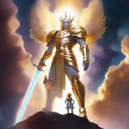 Create an image of a gigantic celestial guardian with golden, luminous hair and a stunning white and gold armor, towering over a vibrant nebula, with a small human figure standing bravely in the foreground