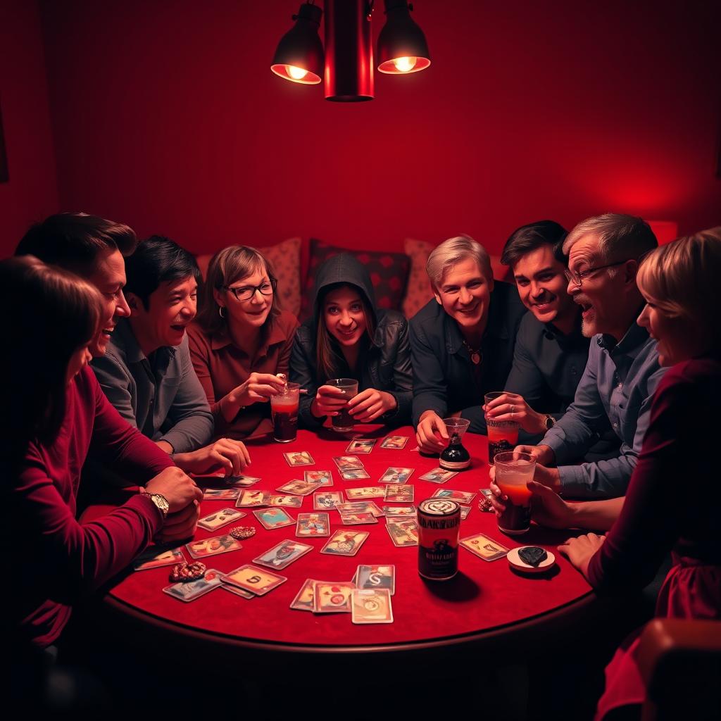 A vibrant scene depicting a group of several adults gathered around a table, engrossed in a game of Mafia