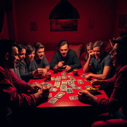 A vibrant scene depicting a group of several adults gathered around a table, engrossed in a game of Mafia