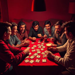 A vibrant scene depicting a group of several adults gathered around a table, engrossed in a game of Mafia