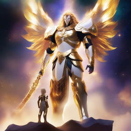 Create an image of a gigantic celestial guardian with golden, luminous hair and a stunning white and gold armor, towering over a vibrant nebula, with a small human figure standing bravely in the foreground