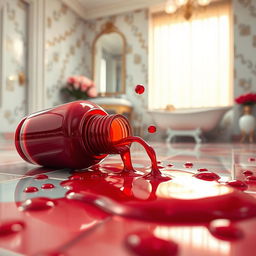 A vibrant scene depicting spilled nail polish on a beautifully tiled floor