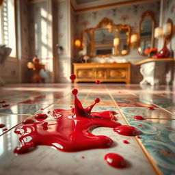 A vibrant scene depicting spilled nail polish on a beautifully tiled floor