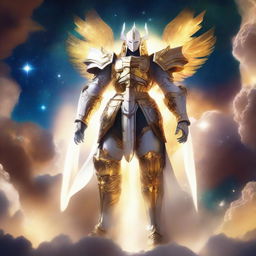 Create an image of a gigantic celestial guardian with golden, luminous hair and a dazzling white and gold armor, towering over a vibrant nebula, with a small human figure standing bravely in the foreground