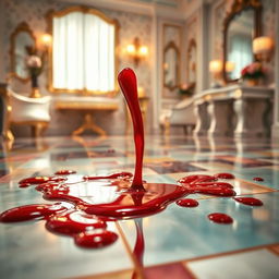 A vibrant scene depicting spilled nail polish on a beautifully tiled floor