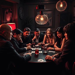A vibrant social scene depicting several people gathered around a table, engrossed in a game of Mafia