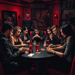 A vibrant social scene depicting several people gathered around a table, engrossed in a game of Mafia