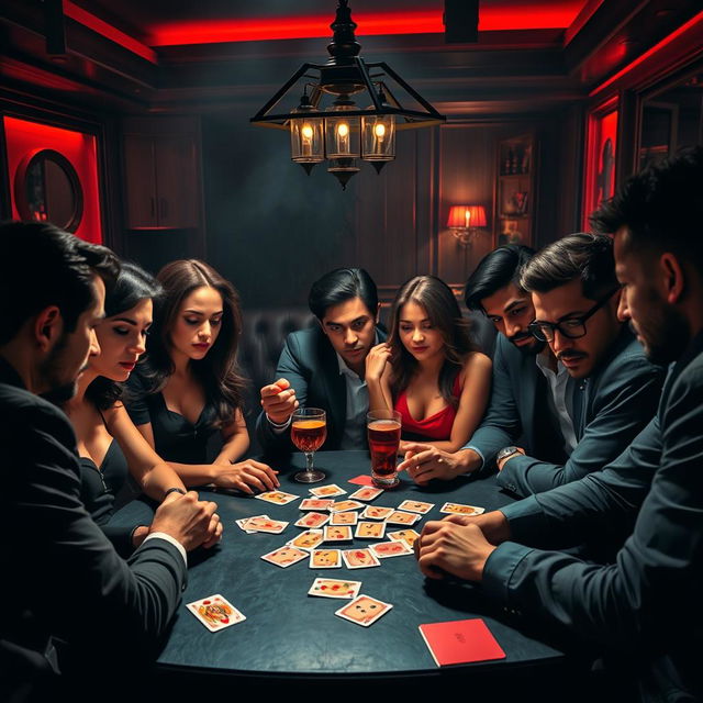 A vibrant social scene depicting several people gathered around a table, engrossed in a game of Mafia