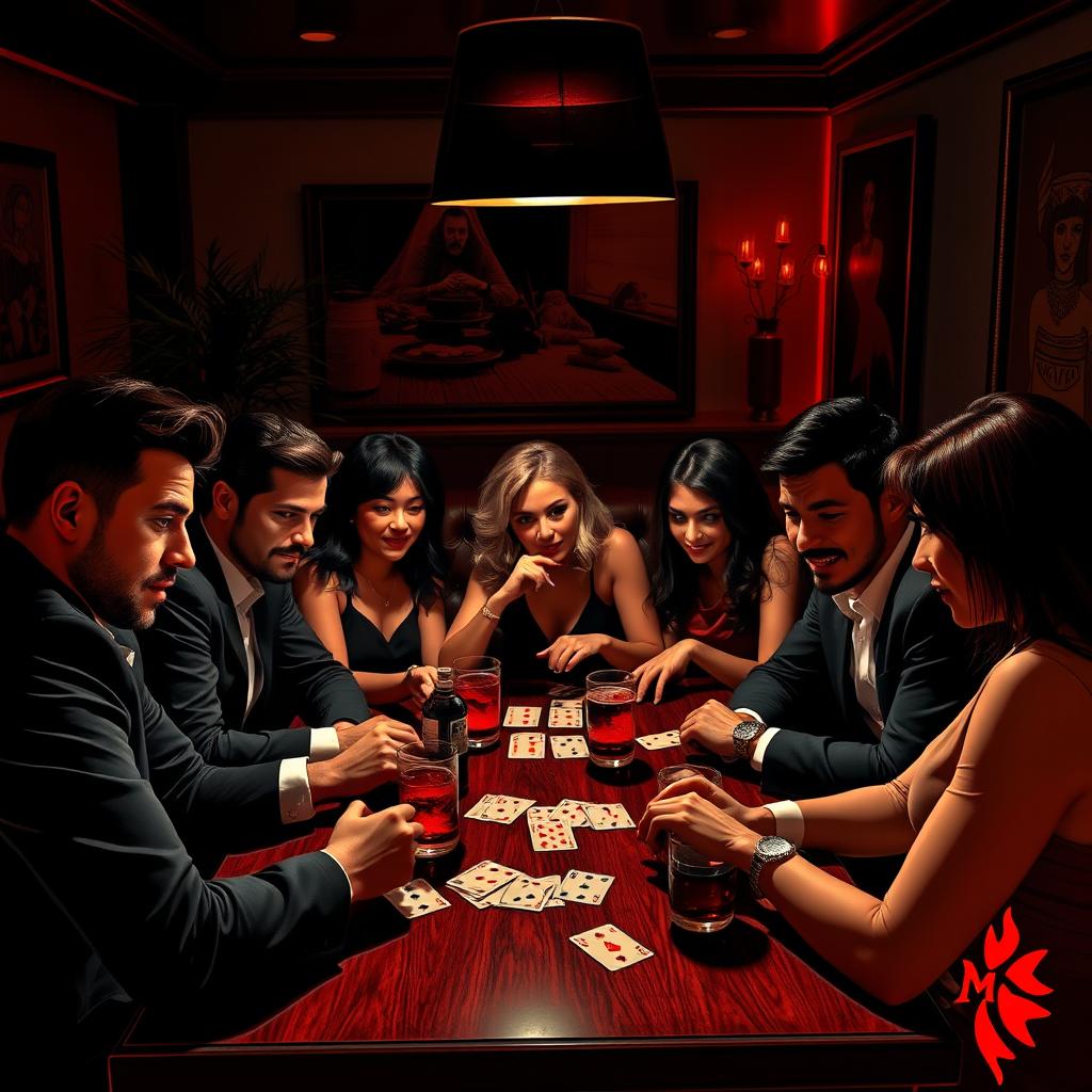 A vibrant social scene depicting several people gathered around a table, engrossed in a game of Mafia