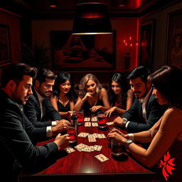 A vibrant social scene depicting several people gathered around a table, engrossed in a game of Mafia
