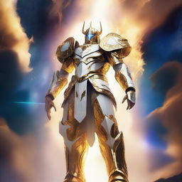 Create an image of a gigantic celestial guardian with golden, luminous hair and a dazzling white and gold armor, towering over a vibrant nebula, with a small human figure standing bravely in the foreground