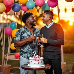 A vibrant celebration scene featuring two Afro-Latino men joyfully celebrating their seven-month anniversary
