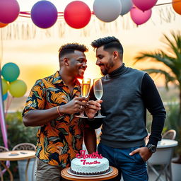 A vibrant celebration scene featuring two Afro-Latino men joyfully celebrating their seven-month anniversary