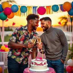 A vibrant celebration scene featuring two Afro-Latino men joyfully celebrating their seven-month anniversary