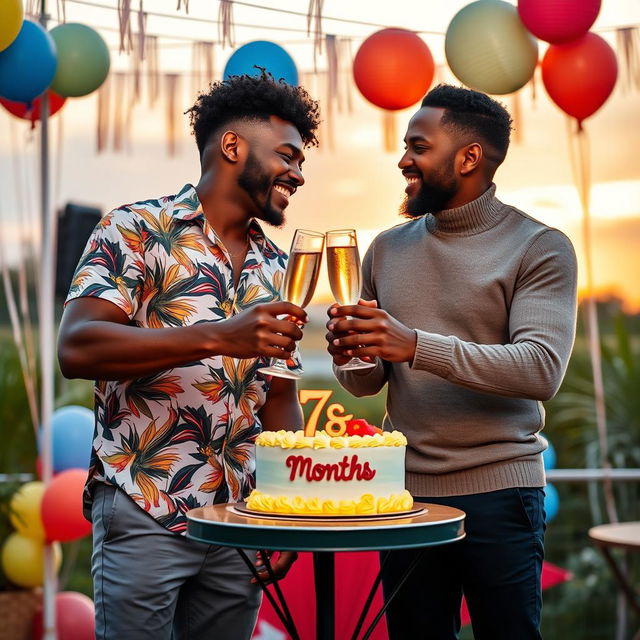 A vibrant celebration scene featuring two Afro-Latino men joyfully celebrating their seven-month anniversary