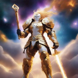 Create an image of a gigantic celestial guardian with golden, luminous hair and a dazzling white and gold armor, towering over a vibrant nebula, with a small human figure standing bravely in the foreground