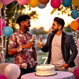 A lively celebration scene featuring two 24-year-old Afro-Latino men joyfully celebrating their seven-month anniversary