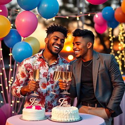 A lively celebration scene featuring two 24-year-old Afro-Latino men joyfully celebrating their seven-month anniversary