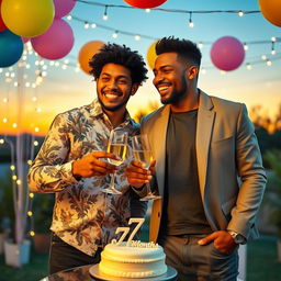 A lively celebration scene featuring two 24-year-old Afro-Latino men joyfully celebrating their seven-month anniversary