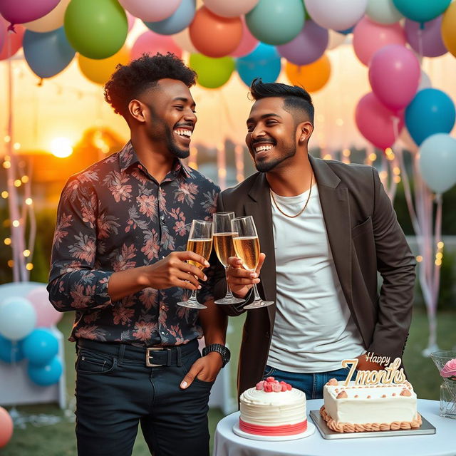 A lively celebration scene featuring two 24-year-old Afro-Latino men joyfully celebrating their seven-month anniversary