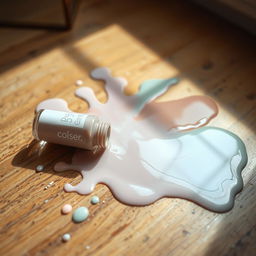 A spilled nail polish bottle on the floor, with muted colors blending together