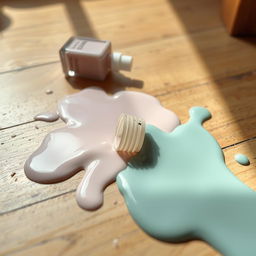 A spilled nail polish bottle on the floor, with muted colors blending together