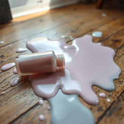 A spilled nail polish bottle on the floor, with muted colors blending together