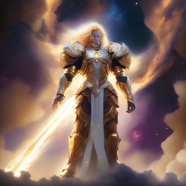 Create an image of a gigantic celestial guardian with golden, luminous hair and a dazzling white and gold armor, towering over a vibrant nebula, with a small human figure standing bravely in the foreground