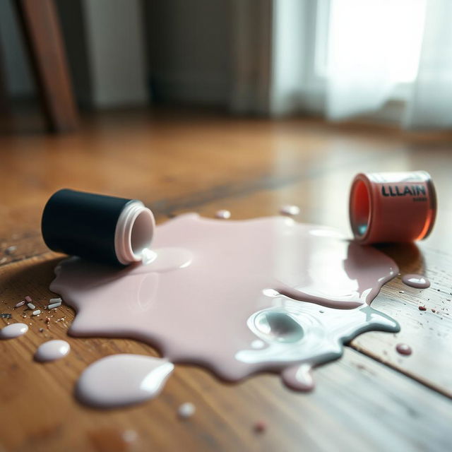 A spilled nail polish bottle on the floor, with muted colors blending together