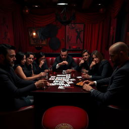 A lively scene where several people are seated around a table, engaged in a game of Mafia