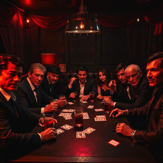 A lively scene where several people are seated around a table, engaged in a game of Mafia