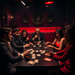 A lively scene where several people are seated around a table, engaged in a game of Mafia