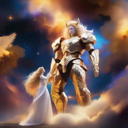 Create an image of a gigantic celestial being with golden, luminous hair and a dazzling white and gold armor, towering over a vibrant nebula, with a small human figure standing bravely in the foreground