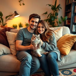 A cozy indoor scene titled "Yo y mi novio con nuestro gato"